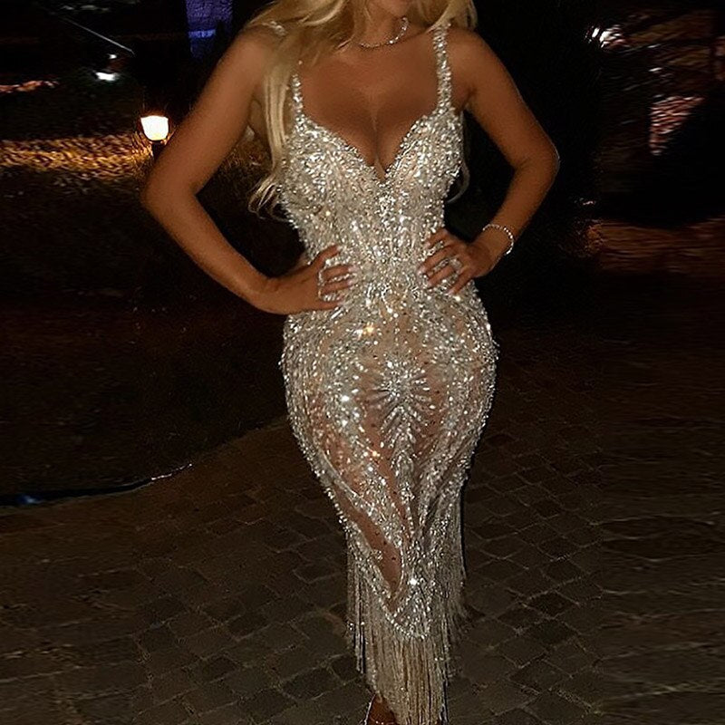 vmtvr Lady Deep V Strapless Tight Sequin Dress Chic Tassel Hip Wrap Club Dress Summer Sexy Sleeveless Slim Solid Evening Dress Vestido