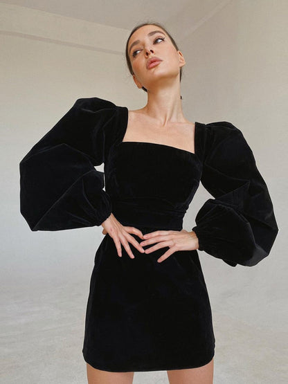 Square Collar Black Bubble Sleeve Long Sleeve Velvet Dress Autumn Winter Mini Length Zipper for Party Sexy 2023 New Arrivals