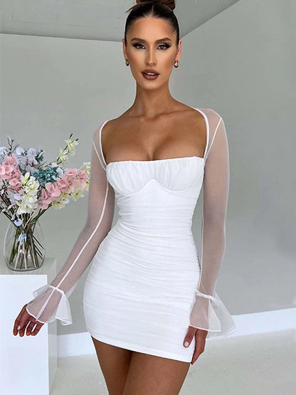 White Halter Mesh Long Sleeve Sexy Dress Women Backless Pleat Bodycon Mini Autumn Dress Elegant Party Dresses Vestidos