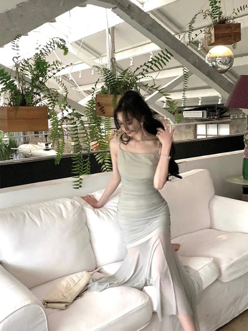 vmtvr  -  Korean Elegant Straps Dress Women Summer New Fashion Evening Party Ladies Vestidos Vintage Sexy Slim Female Midi Dresses