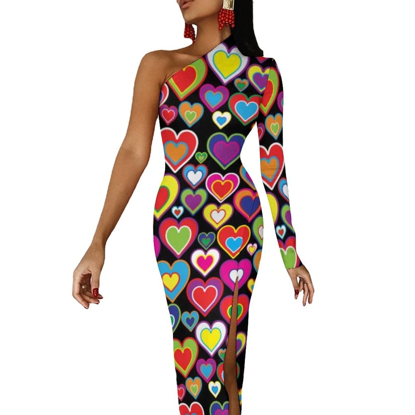 Rainbow Colors Maxi Dress Long Sleeve Colorful Aesthetic Cute Bodycon Dress High Slit Party Long Dresses Women Pattern Vestidos