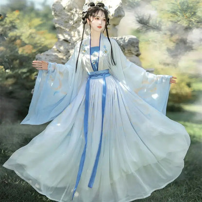 Hanfu Women Chinese Traditional Embroidery Stage Dance Dress Female Fairy Cosplay Costume Hanfu Gradient Blue&Green For Women