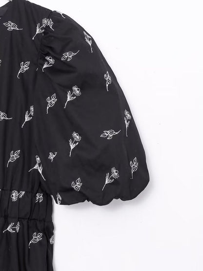 New Fashion Women Floral Embroidery Black Midi Dress Vintage Puff Sleeve O Neck Female Dress