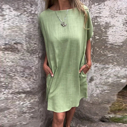 vmtvr Solid Color Loose Pocket Female Mini Dress 2024 Spring Round Neck Women Party Dress Summer Short Sleeve Boho Beach Dress Vestido