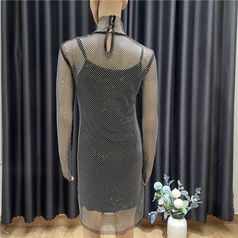 Sexy Black Mesh Diamond Bandage Dress Women Fall New Fashion Party Dress High Neck Long Sleeve Bodycon Mini Vestido 92cm