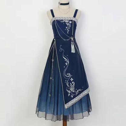 vmtvr  -  Dreamy Starry Night Dark Blue Butterfly Embroidery Long Dress + Cloak Set with Chains