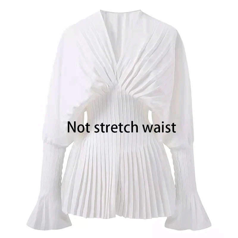 vmtvr Elegant Women Loose White V-Neck Pleated Shirts Female Lantern Full Sleeve Tops Blouses Casual Blusas 2024 Spring Summer