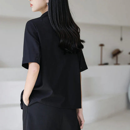 vmtvr Y2K Double Collar Chiffon Shirt Korean Fashion All Match Women Half Sleeve Tops Summer Casual Office Ladies Black Blouse