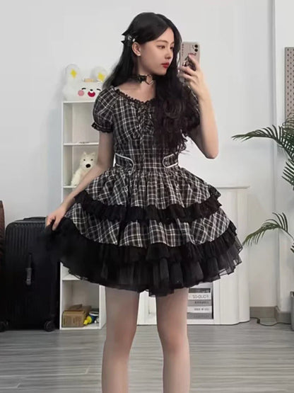 vmtvr  -  Preppy Style Sweet Black Plaid Dress for Women Gothic Subculture Lace Stitching Puff Sleeve Slim Multi-Layer Mini Dress Summer