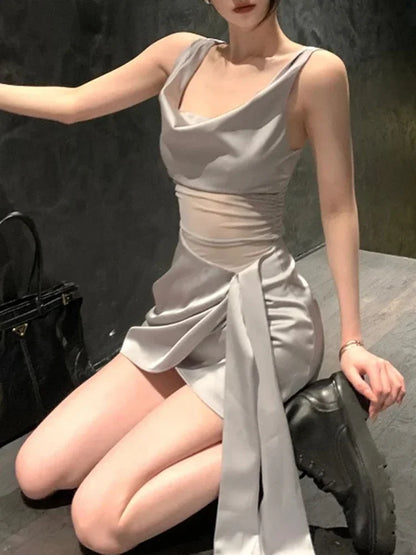 Elegant French Style Y2k Sexy Irregular Sling Mini Dress Summer Unique Casual Sleeveless Short Party Dress for Women's Fashion