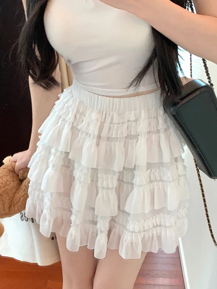 vmtvr Japan White Sweet Cake Mini Skirt Women Elegant Fashion High Waist Sexy Skirts Summer Preppy Style Female Dance Skirt New