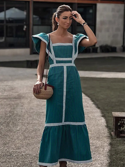 vmtvr  -  Elegant Plaid Fly Sleeve Long Dress For Women Fashion Square Collar Sleeveless Patchwork Dresses Spring Lady Street Vestido