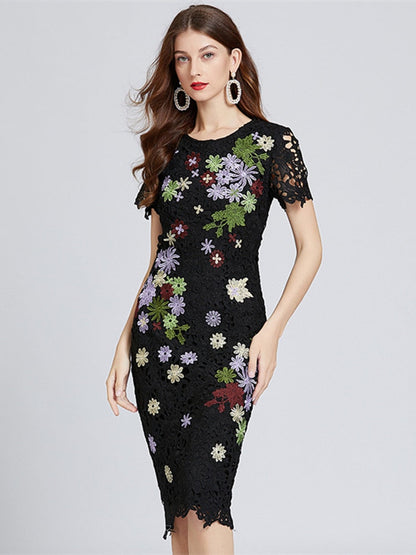 Summer Runway Water Soluble Lace Embroidery Flower Dress Women Short Sleeve Black Hollow Out Floral Party Bodycon Vestidos