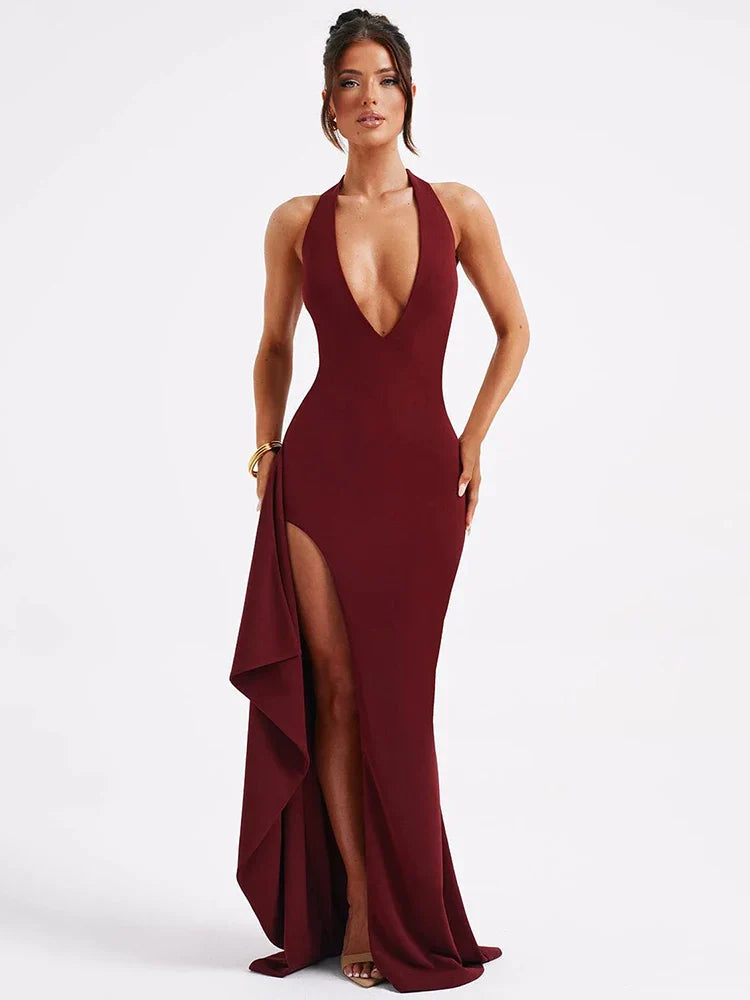 Deep V Neck Thigh High Split Maxi Dress Women Halter Sleeveless Backless Bodycon Club Party Sexy Long Dress New