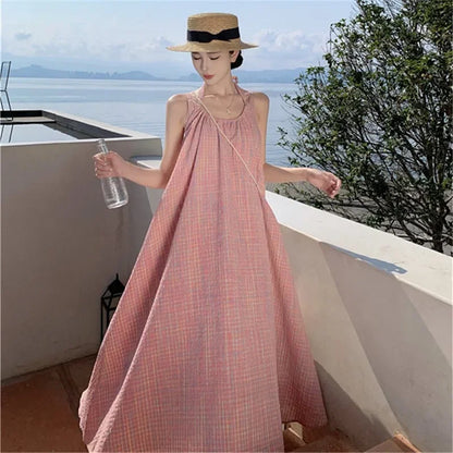 vmtvr  -  Halter Beach Holiday Style Dress for Women Sleeveless Plaid Vacation Summer Japanese Lolita Sundress Loose Long Clothes New