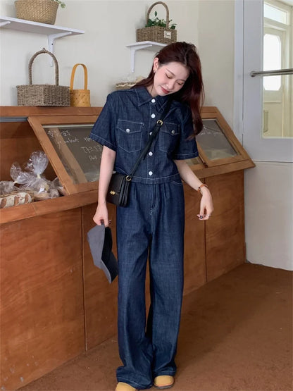 vmtvr Blue Denim Two Pieces Sets Women Loose Chic Summer Short Sleeve Coats Jeanswear New High Waist Slim Pants Suits