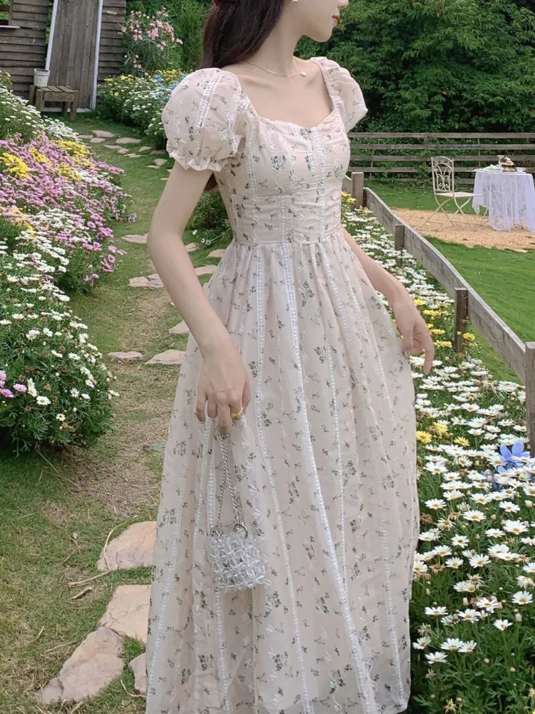 Vintage Puff Sleeve Fairy Midi Dress Women Sweet Elegant Korean Style Floral Dress Female 2024 Summer Casual Party Dresses Chic