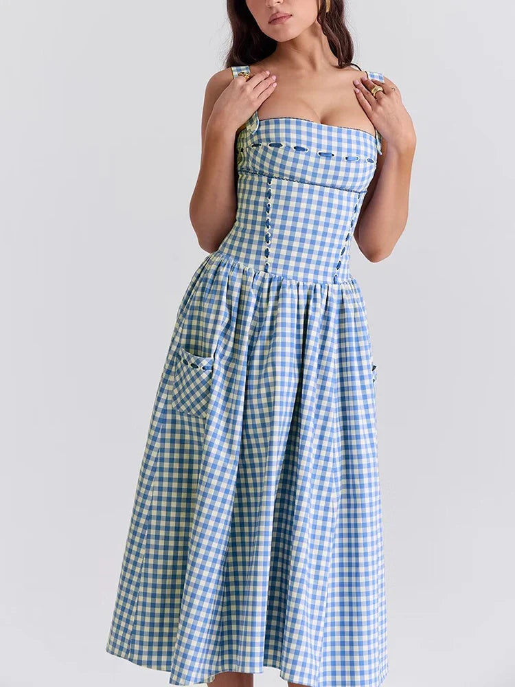 vmtvr  -  French Chic Plaid Maxi Dresse Blue Strappy Backless Pocket Sexy Summer Party Women Vocation Casual Loose Ladies Dress