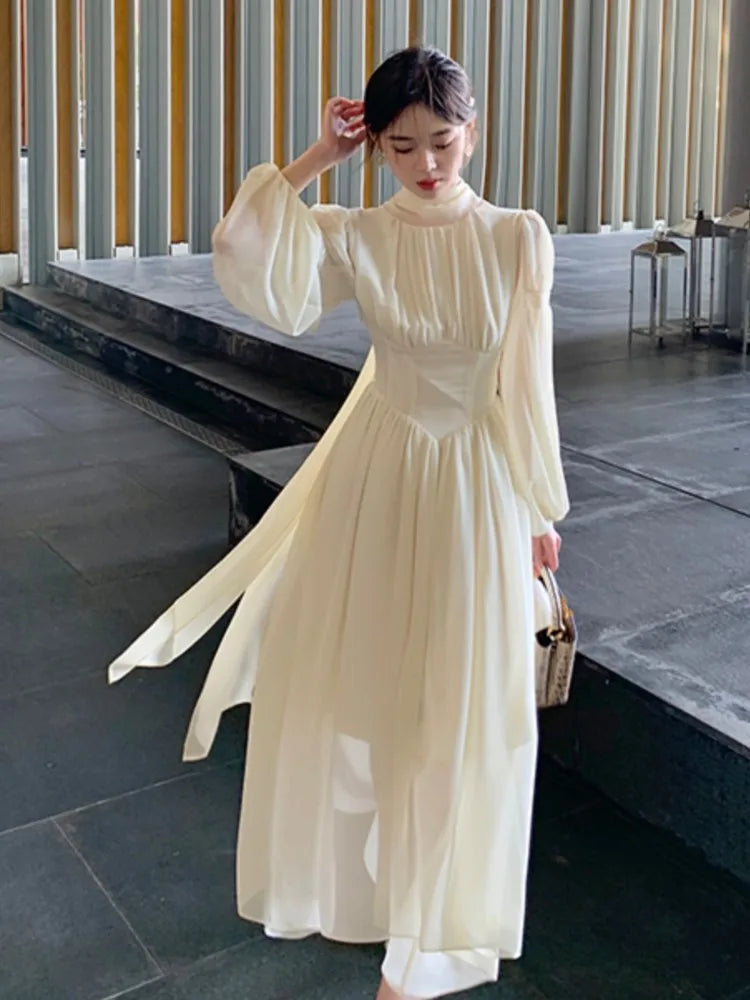 vmtvr French Elegant Slim Ruffle Dress Summer Women Graduation Evening Party Robe Female Bubble Sleeve Korean Chiffon Vestidos