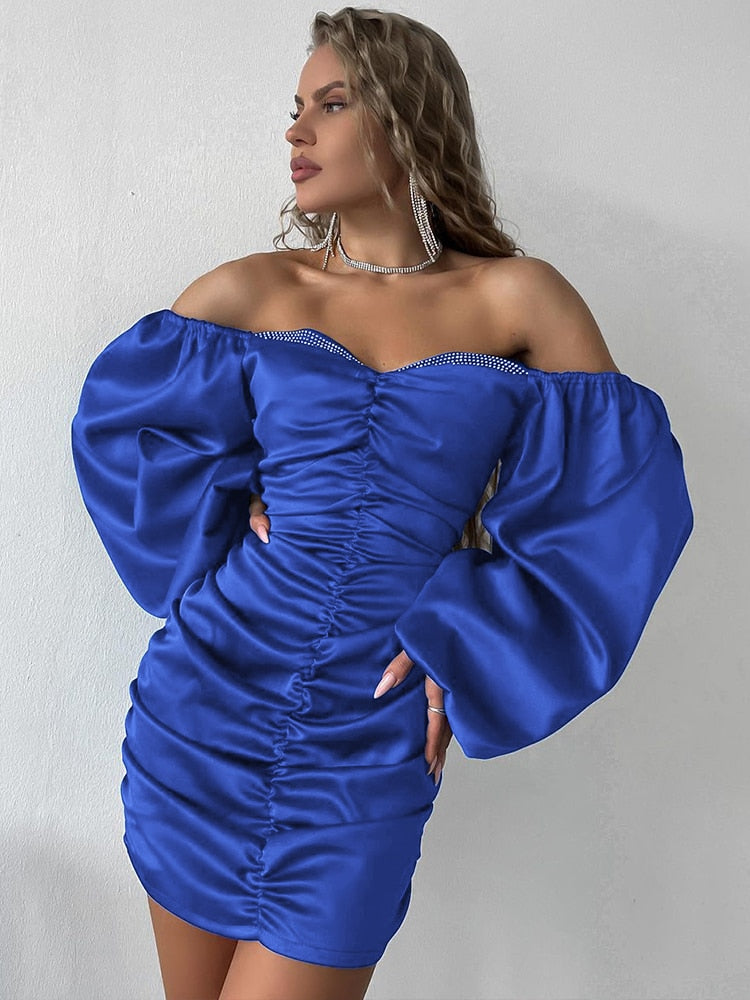 Off Shoulder Satin Evening Dresses For Women  Elegant Cocktail Party Dress Black Long Sleeve Ruched Bodycon Dress Mini