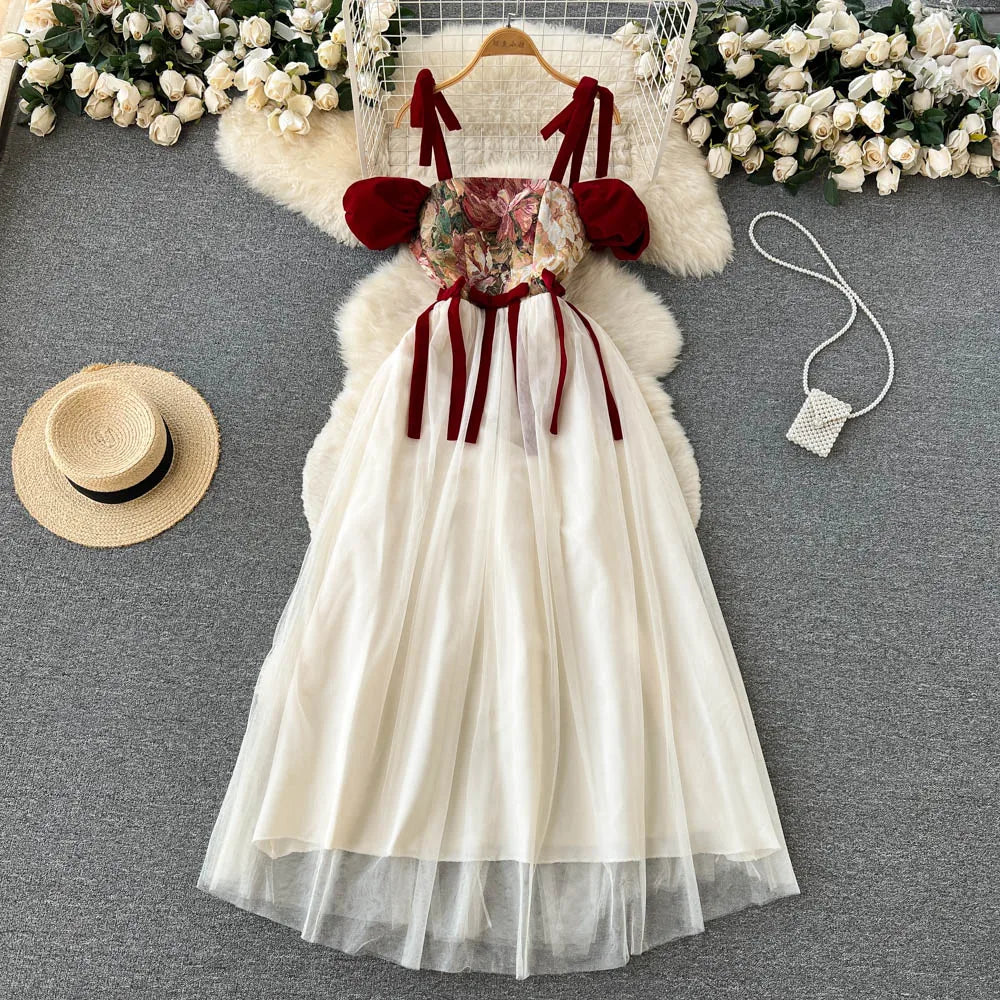 France Vintage Bow Mesh Wedding Runway Party Dresses Women Summer Fashion Elegant Strap Graduation Evening Vestidos Ladies Robe