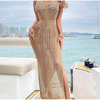 New Sexy Hollow Fishnet Mesh Maxi Knit Dress Women Party Club See Through Bodycon Long Dresses Summer Beach Holiday Outfits