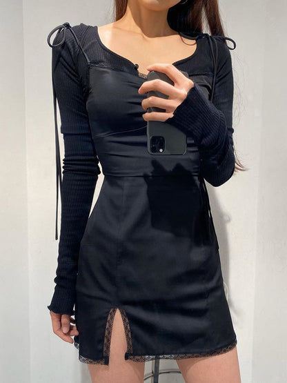 vmtvr -  Strappy Satin Ruched Black Dress Mini Lace Spliced Side Split Sexy Dress Female Sundress Backless Ladies Dresses