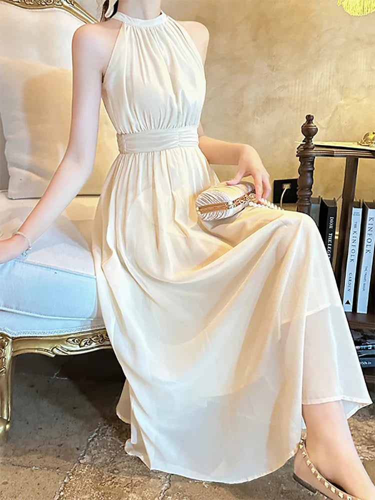 vmtvr 2024 New White Sleeveless Sexy Neck-mounted Long Dress Women Elegant Luxury Dress Gown Summer Korean Bodycon Dance Party Dresses