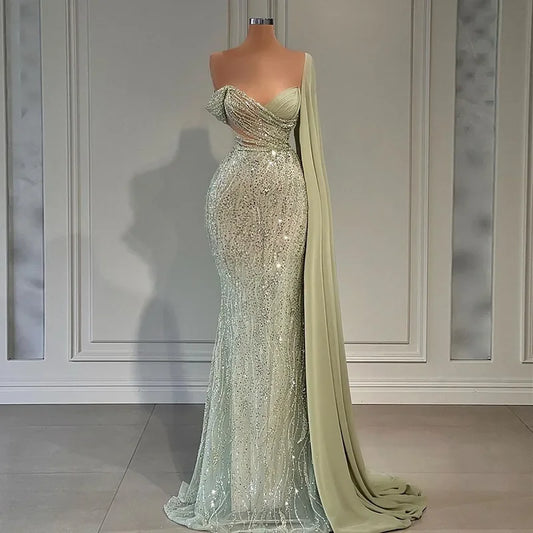 vmtvr  - Green Mermaid Luxury New Evening Dress Shawl Sleeve Formal Prom Dress Sweet and Elegant One Shoulder Party Dress