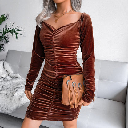 Velvet Dress Autumn Women  Long Sleeve Turtleneck Bodycon Mini Dresses Solid Slim Party Dress Clubwwear Vestidos De Noche