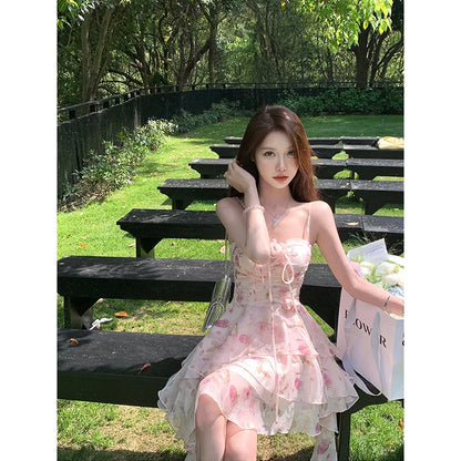 vmtvr  -  Pink 3D Floral Suspender Dress Wome Summer New Clothing Holiday Temperament Irregular Ruffles Fashion Short Party Dresses