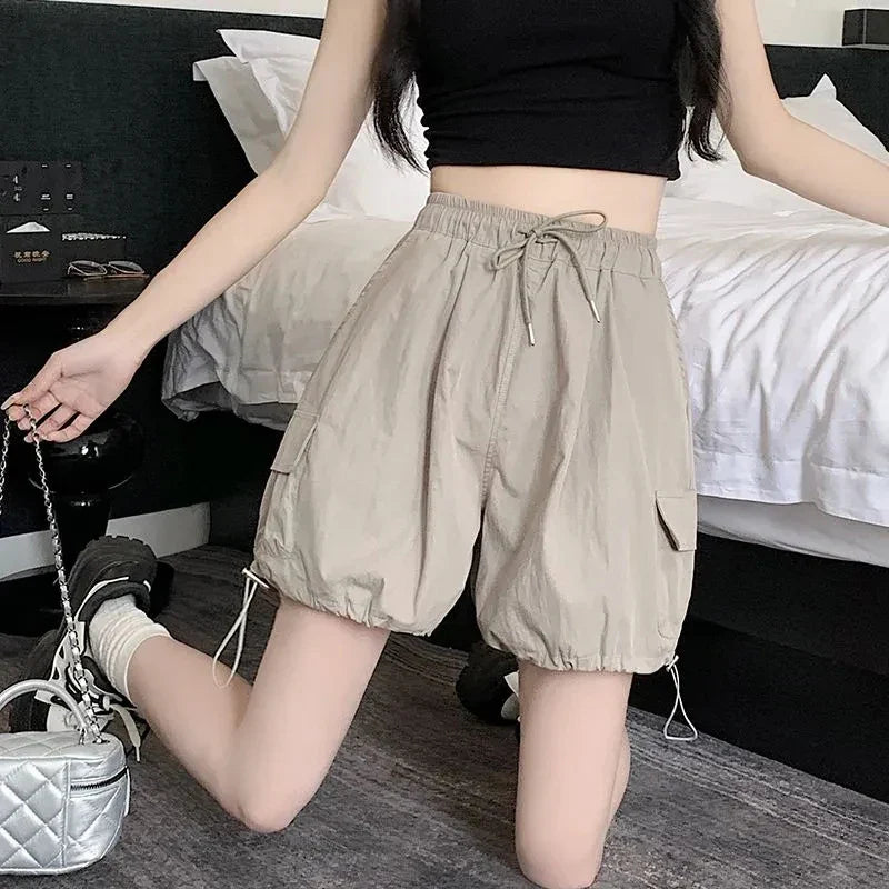 vmtvr Streetwear Women Cargo Shorts Summer Fashion Drawstring Loose Wide Leg Pants Y2K Casual Pockets Female Lantern Shorts New