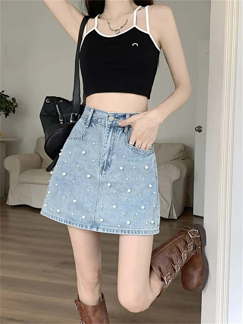 vmtvr Office Lady New Mini Skirts Women Summer OL Chic Pearls High Waist Sweet Denim Bodycon Streetwear Jeanswear