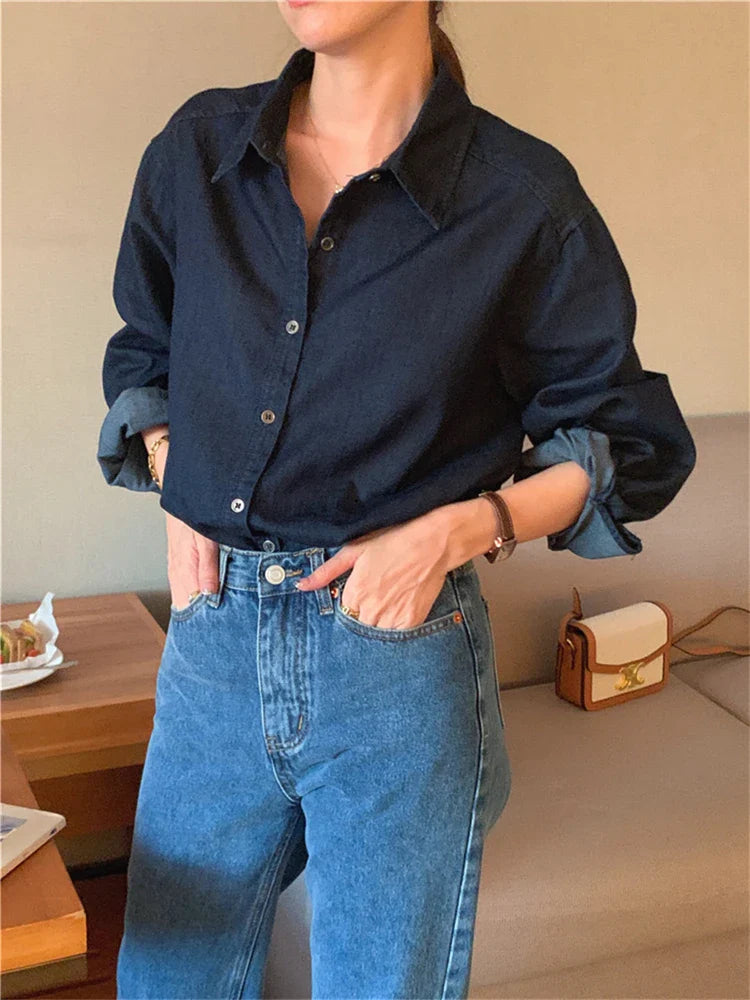 vmtvr Women Blouse Female Shirt Summer Womens Blouses Spring Maxi Blusas Casual Cowboy Vintage Long Sleeve Denim Oversize Loose Blue