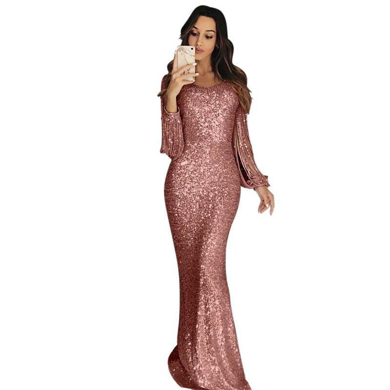 Women Elegant Mature Evening Gowns Fashion Shiny Sequins Decoration Fringed Long Sleeve Dressy Ladies Commuter Wrap Hip Dresses