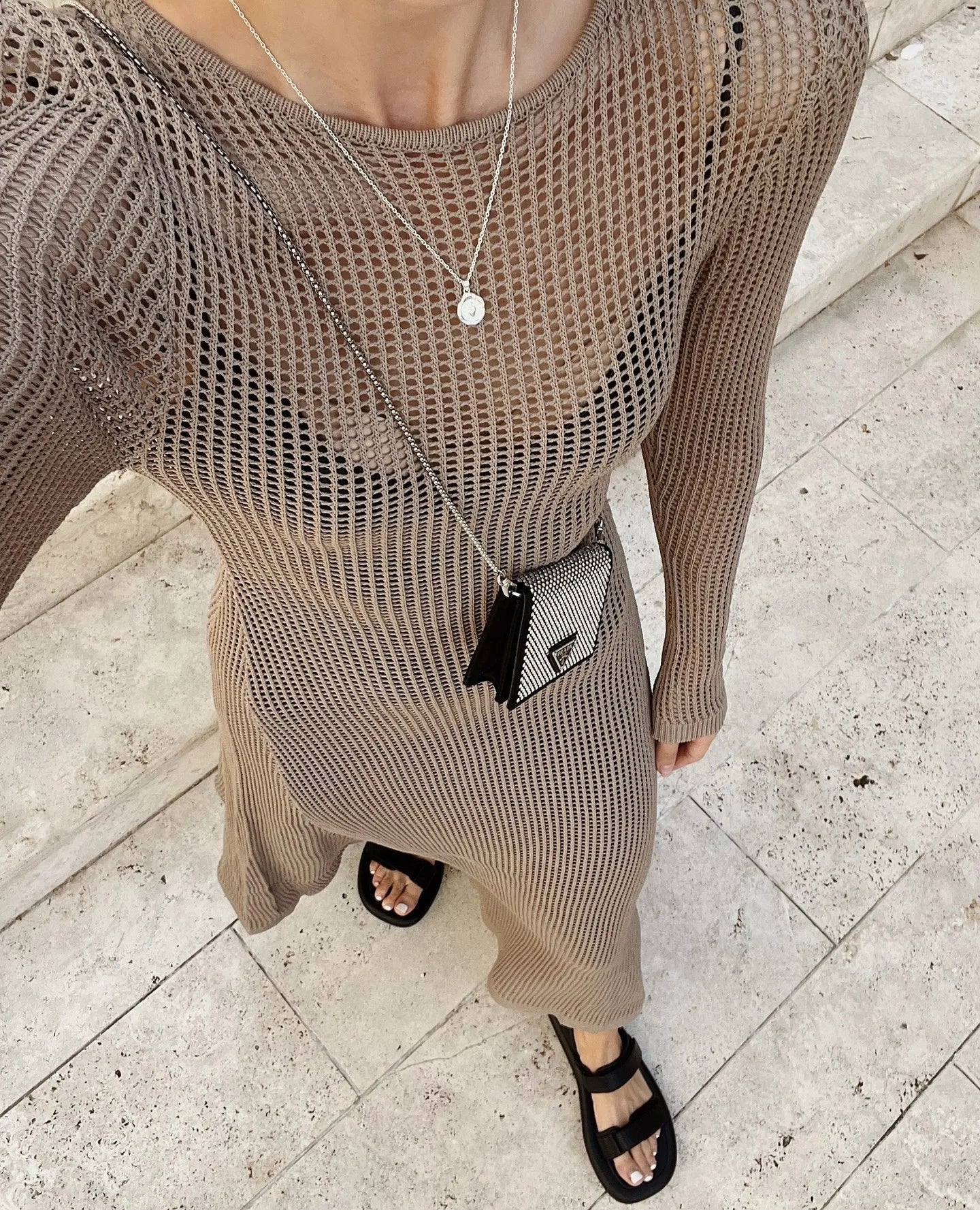 Elegant Hollow Out Knit Maxi Dress for Women  Summer Beachwear Holiday Long Sleeve Cover-Ups Long Dresses