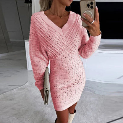 vmtvr Women Solid Hollow Knitted Pullover Dress Autumn Sexy Double V-neck Backless Office Dress Winter Batwing Sleeve Slim Party Dress