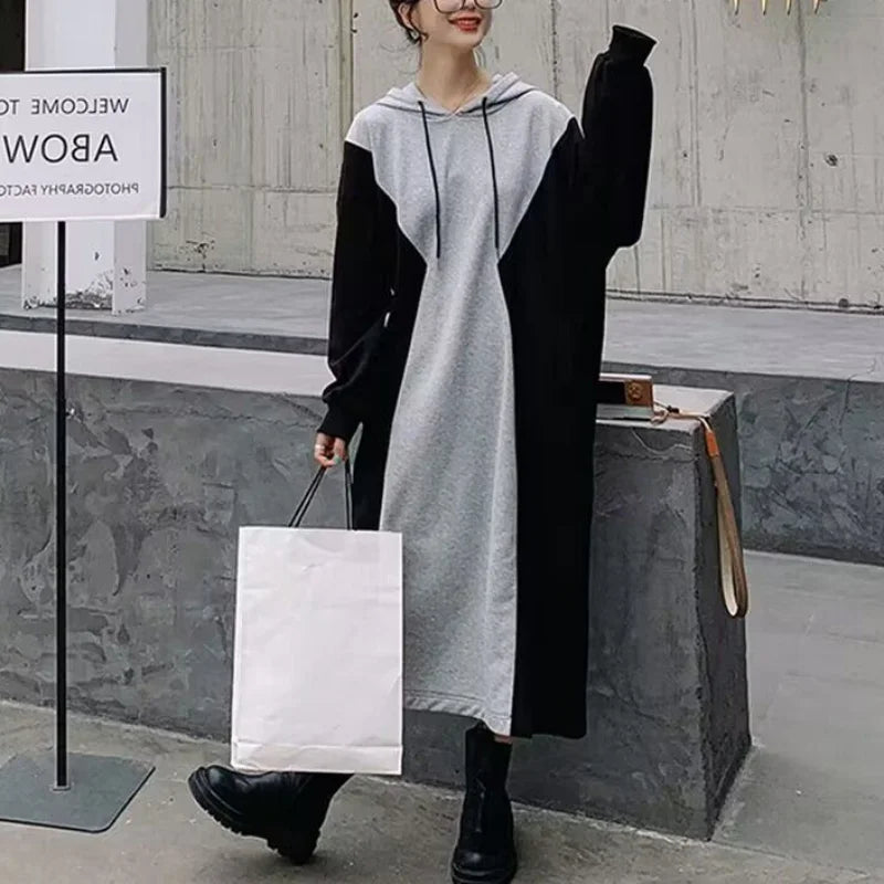 vmtvr Autumn New Loose Color Block Hoodie Dress Drawstring Patchwork Long Sleeve Pregnant Women Casual Versatile Straight Dresses