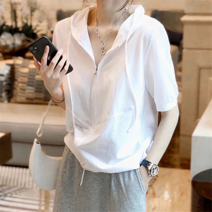 vmtvr Y2K Women Short Sleeve Hoodies Summer Zipper Fashion Female Streetwear T Shirts Korean Casual All Match Student White Tops