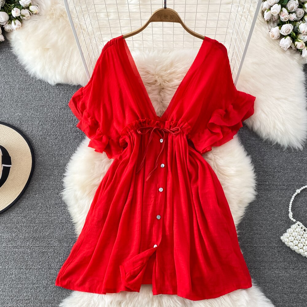 Spring Summer Boho Mini Dress for Women Deep V-Neck Ruffles Draw String Female Short Robe Sexy Draped Beach Vacation New In Chic