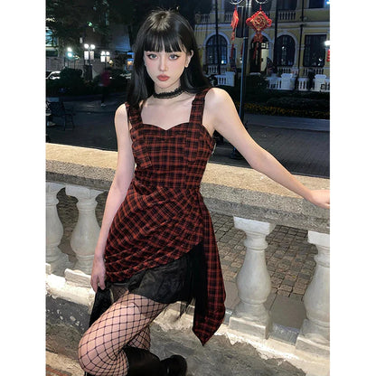 vmtvr  -  Women's A-line Red Plaid Evening Dress Elegant Off Shoulder Sleeveless Dress Vintage 90s Y2k One Piece Frocks Emo 2000s Clothes