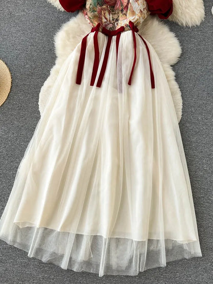 France Vintage Bow Mesh Wedding Runway Party Dresses Women Summer Fashion Elegant Strap Graduation Evening Vestidos Ladies Robe