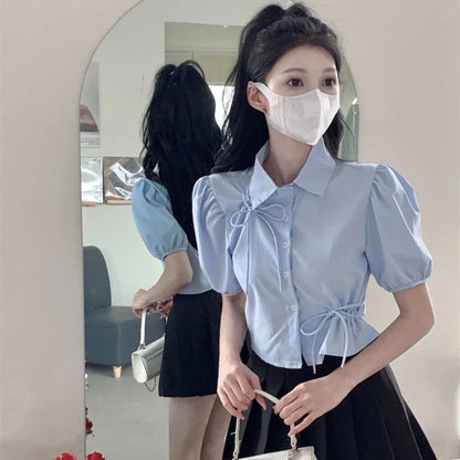 vmtvr Elegant Women Bow Shirt Korean Fashion Design Chic Tops Y2K Casual Female All Match Puff Sleeve Shirt Summer New