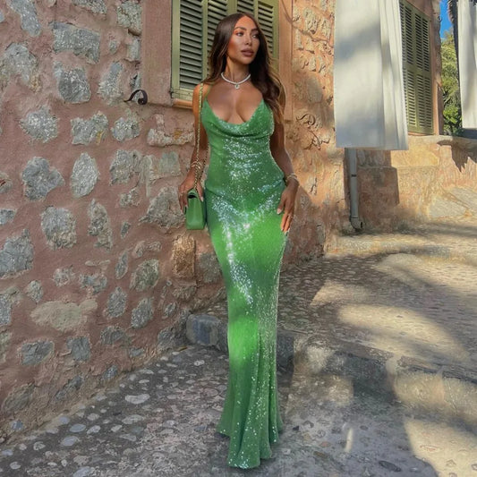 vmtvr  -  Green Sequins Long Dress Women Sexy Backless Slim Evening Party Dresses Summer Fashion Spaghetti Strap Holiday Beach Dress