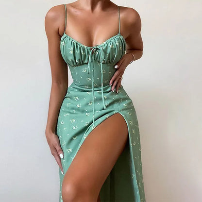 vmtvr Beach Style Floral Strapless Dress Spring and Summer Women's Sexy Fashionable V-Neck Floral Pleats Tied Side Slit Camisole Dress