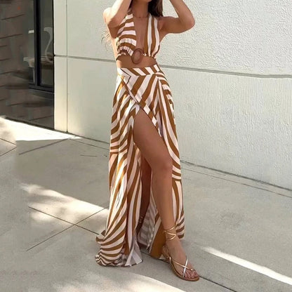 Women Maxi Dress Summer Striped Print Halter Sleeveless Open Waist Lace Up Slit Holiday Dresses High Streetwear