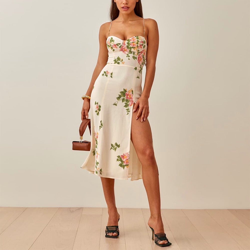 Summer Dresses For Women Elegant Vintage Floral Print Dress Sweetheart Neck Spaghetti Strap Midi Dress With Slit Sundress