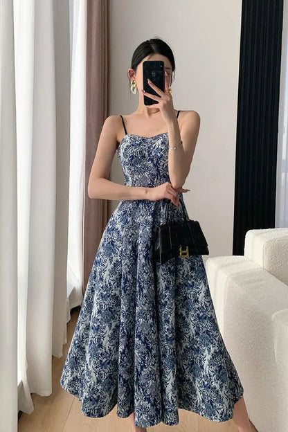 vmtvr  -  Elegant Women Fashion New Floral Casual Midi Dress Spaghetti Strap Slim A-Line Maxi Vestidos Female Chic Vintage Mujers Robe