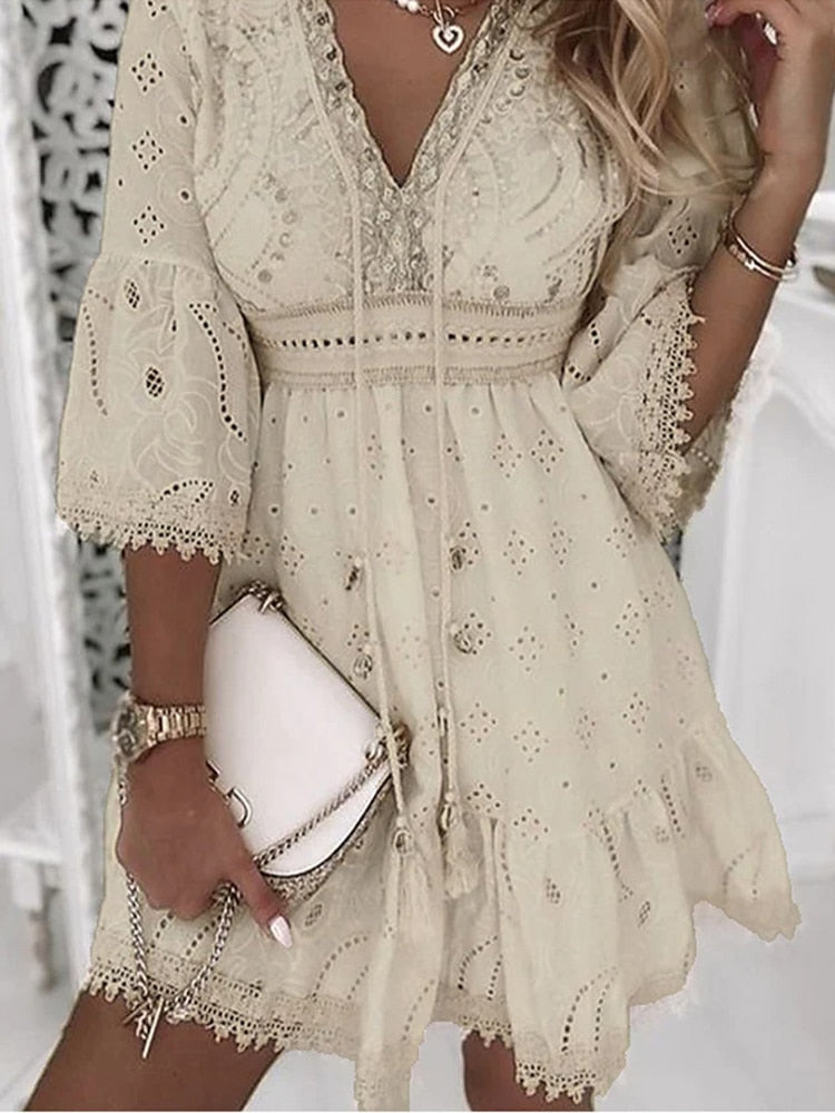 vmtvr - Elegant Lace Mini Dress Women Three Quarter Sleeve Dress Female V Neck Patchwork Lace Up Dress Ladies Vacation Beach Dress