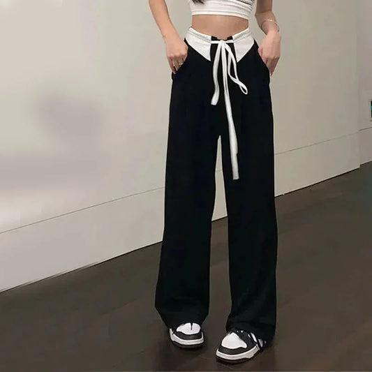 vmtvr Streetwear Women Suit Pants Summer Patchwork Black Loose Wide Leg Pants Y2K Fashion Female High Waist Bandage Trousers New